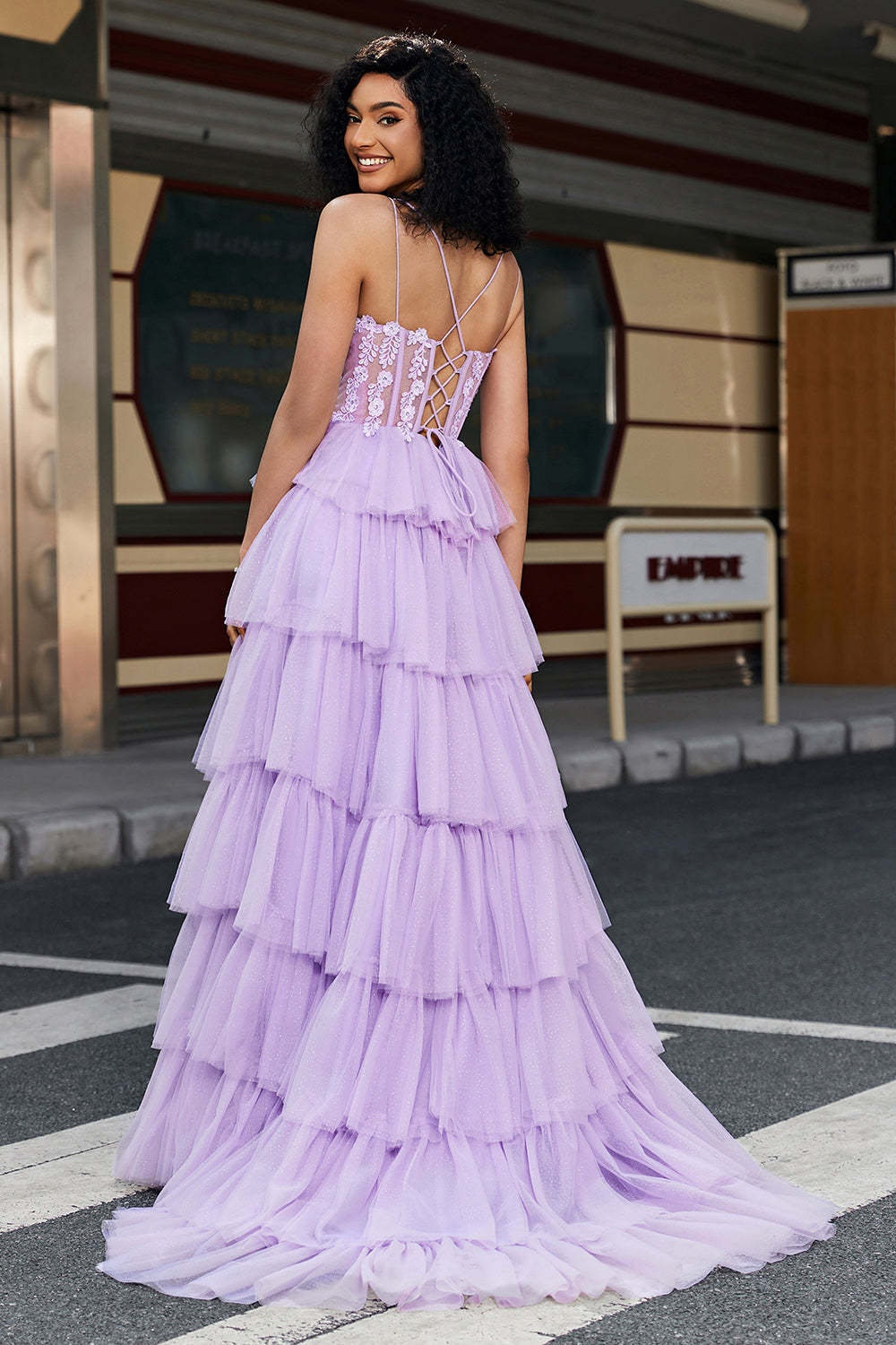 Lilac Princess A Line Spaghetti Straps Long Corset Prom Dress With Appliques Ruffles