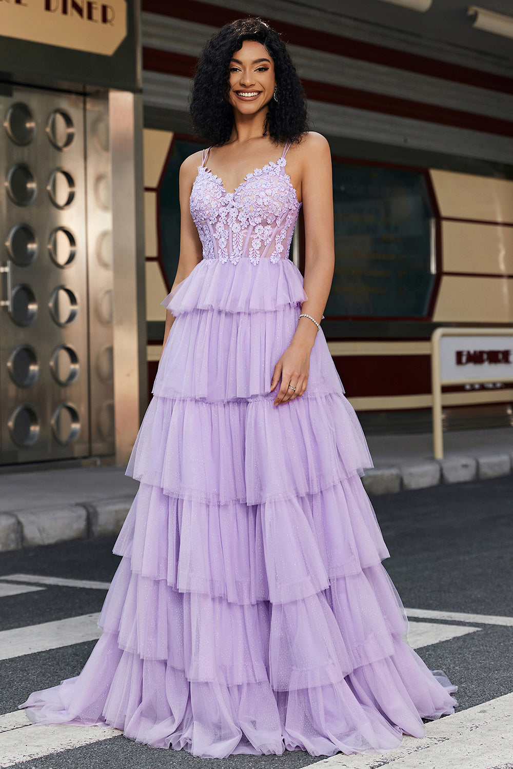 Leely Women Lilac Long Corset Prom Dress With Appliques Ruffles Princess A Line Spaghetti Straps Evening Dress