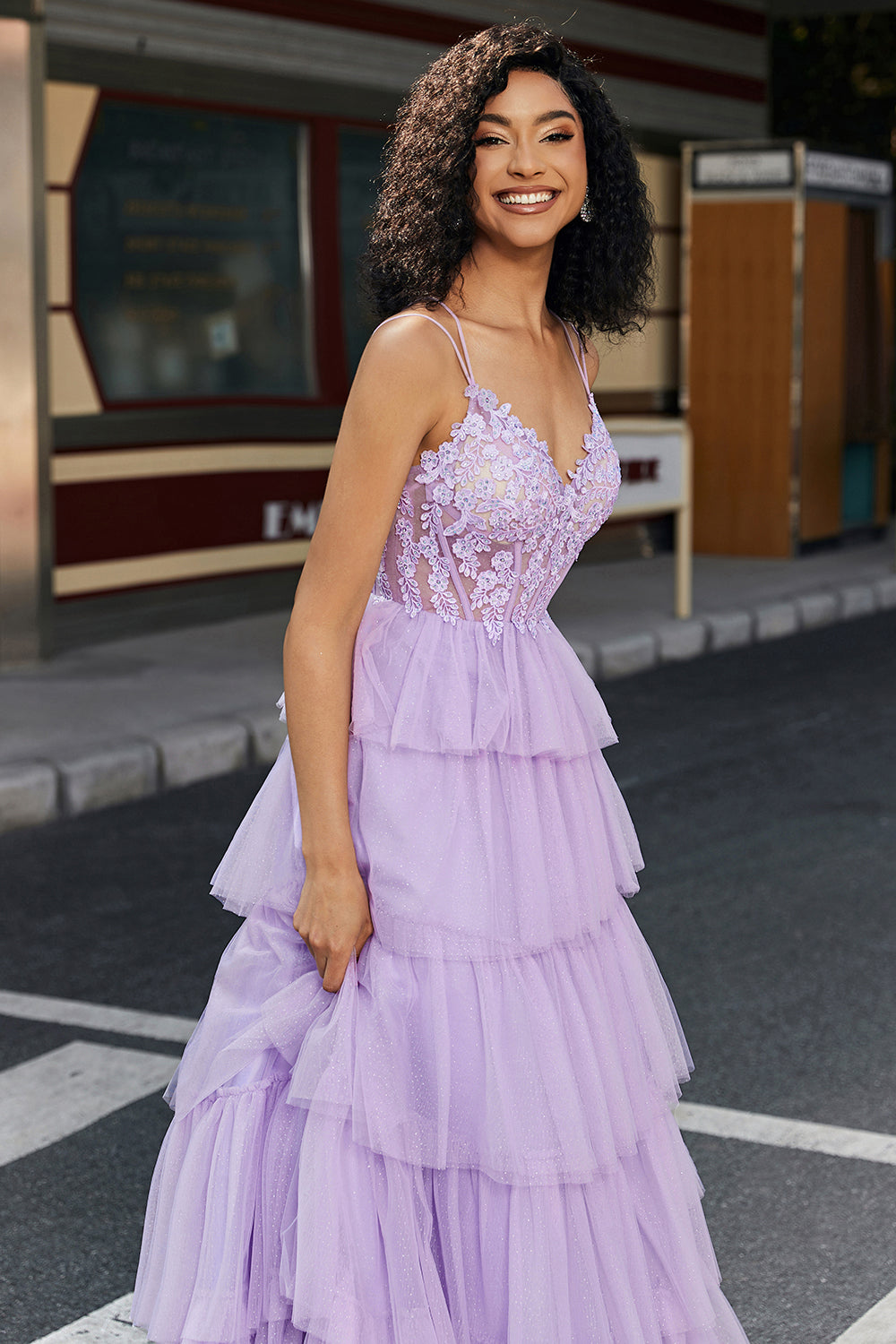 Lilac Princess A Line Spaghetti Straps Long Corset Prom Dress With Appliques Ruffles