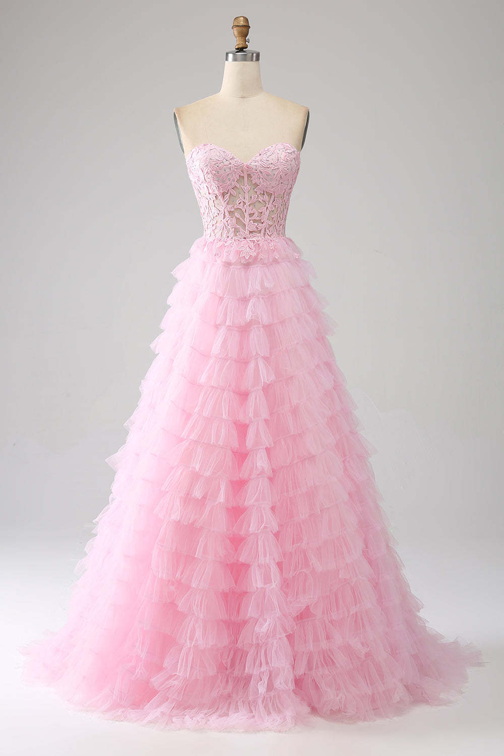 Leely Women Pink A-Line Strapless Tiered Long Corset Prom Dress