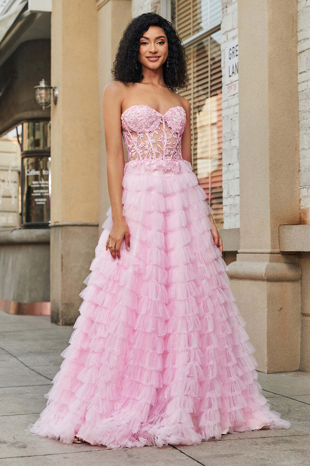 Pink A Line Strapless Tiered Long Corset Prom Dress With Lace