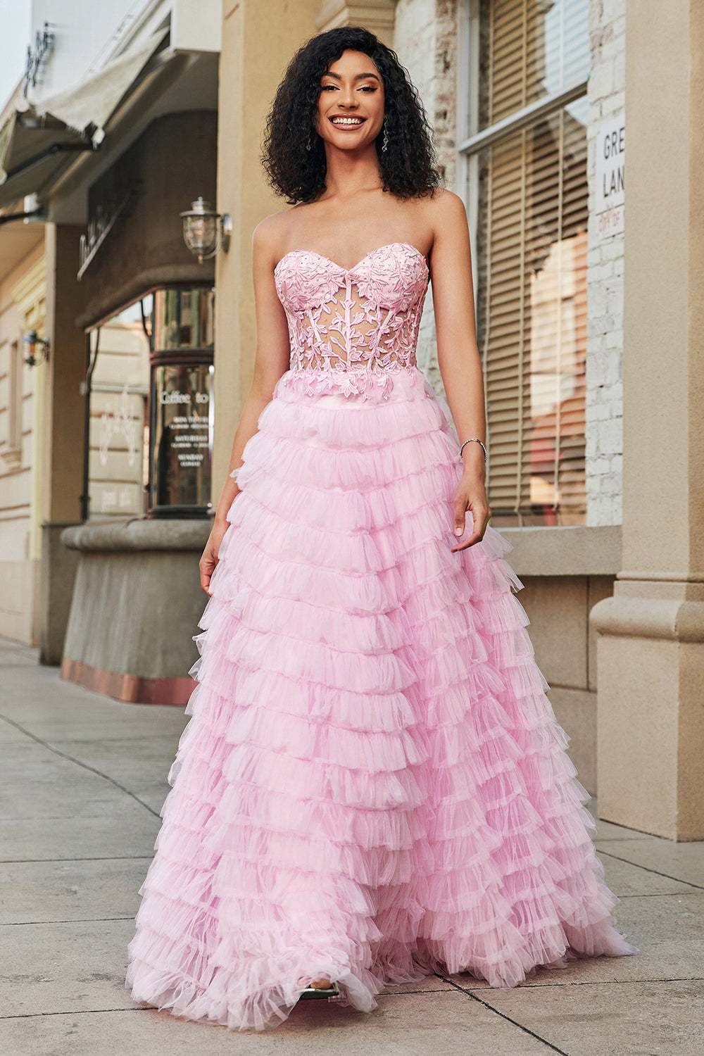 Pink A Line Strapless Tiered Long Corset Prom Dress With Lace