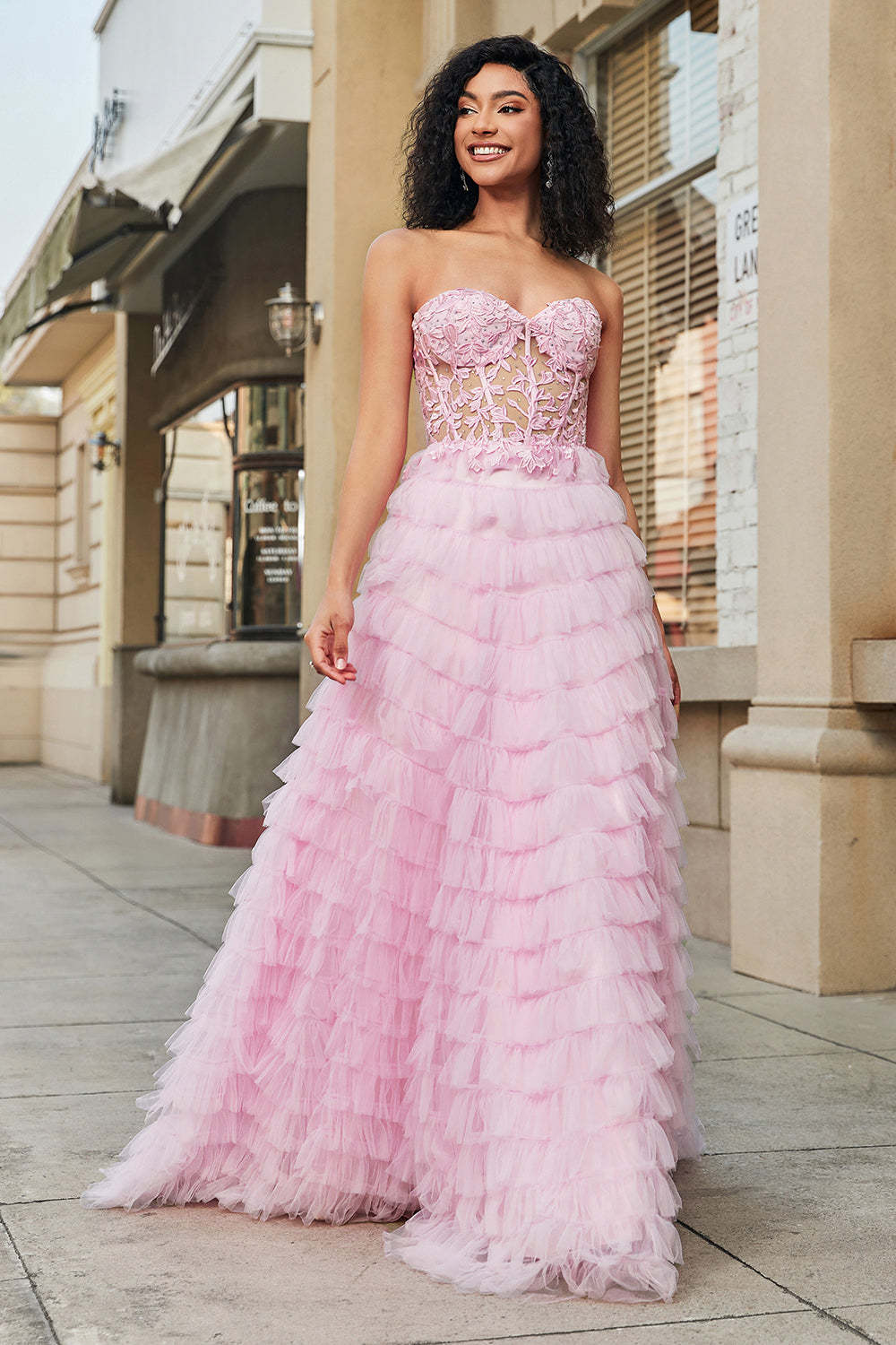 Pink A Line Strapless Tiered Long Corset Prom Dress With Lace