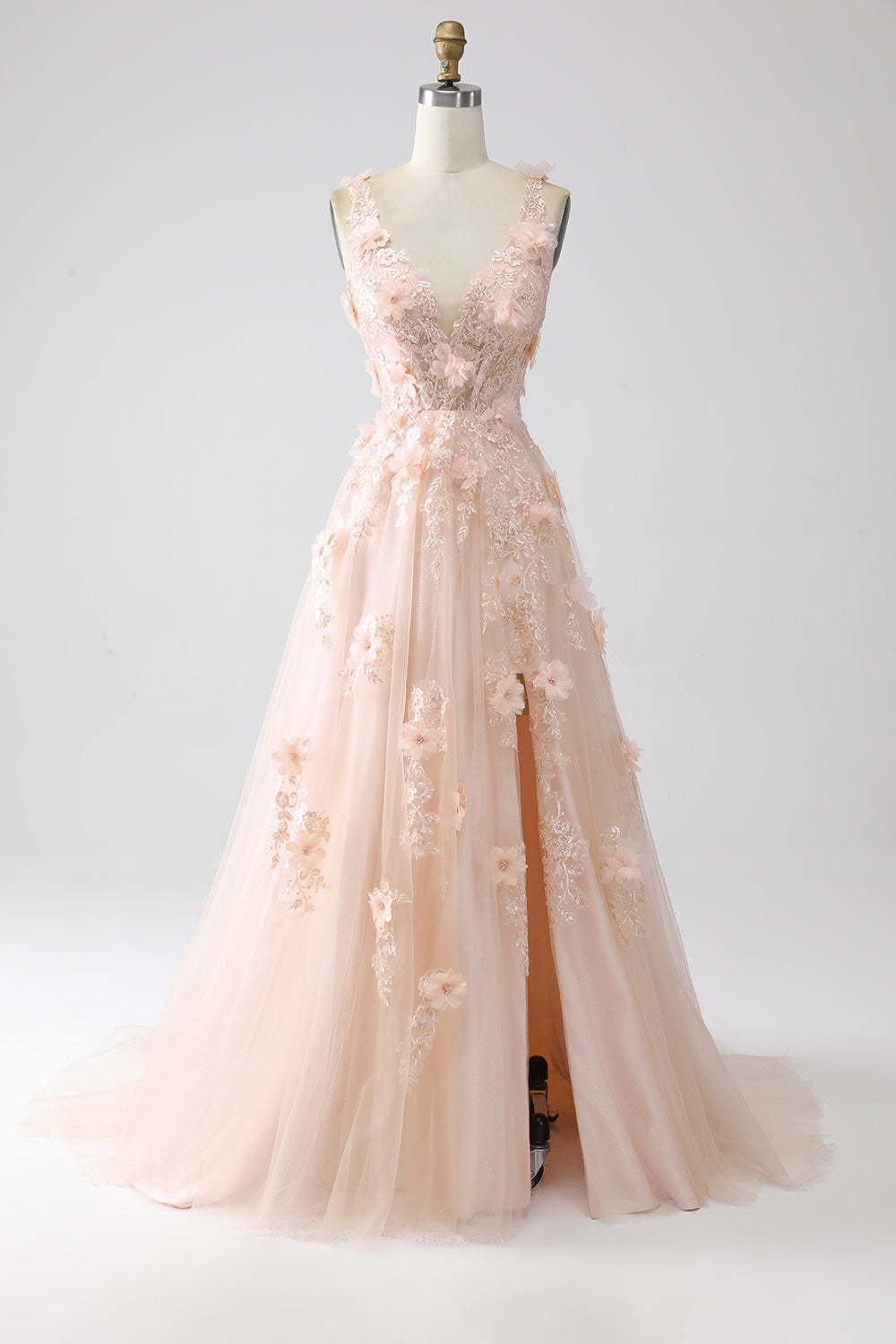 Leely Women Blush A-Line Spaghetti Straps Long Prom Dress with Appliques