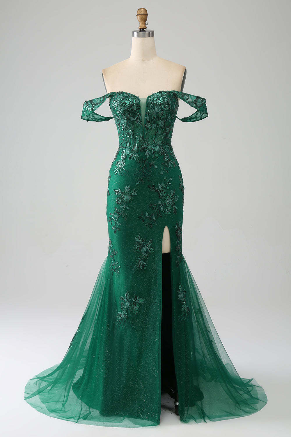 Leely Women Dark Green Prom Dress with Appliques Mermaid Off The Shoulder Evening Dress with Slit