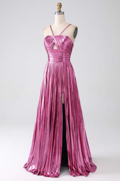 Fuchsia A-Line Spaghetti Straps Pleated Prom Dress with Slit