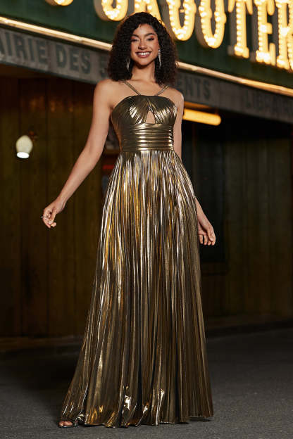 Glitter Golden A Line Spaghetti Straps Pleated Long Prom Dress With Slit