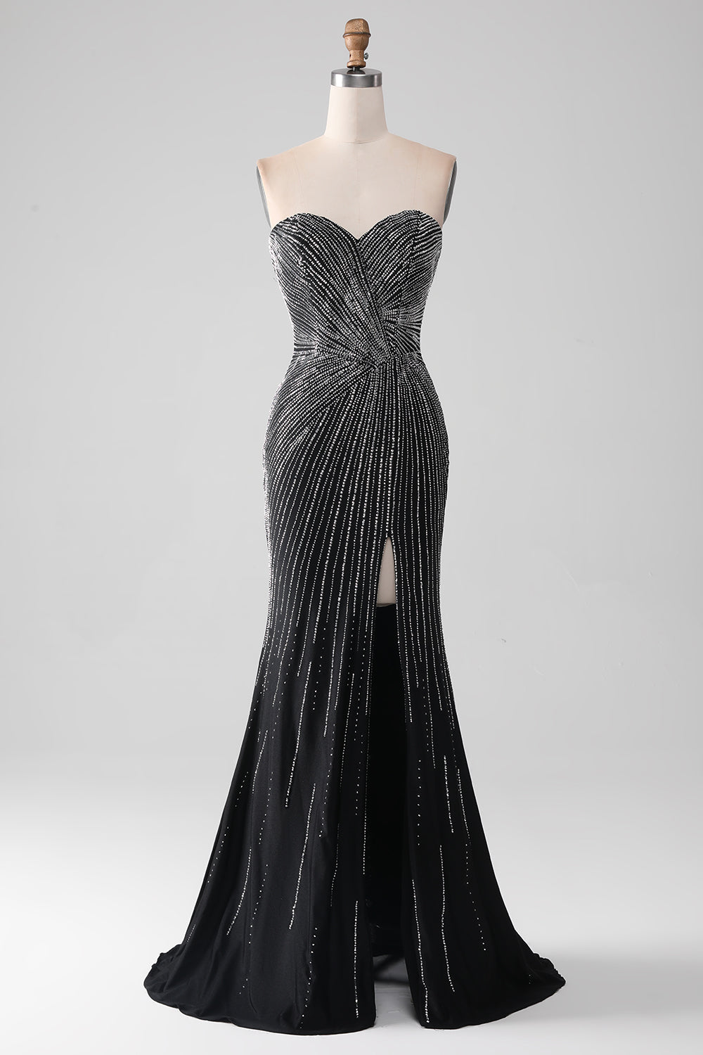 Leely Women Black Glitter Prom Dress Strapless Mermaid Evening Party Dress with Slit