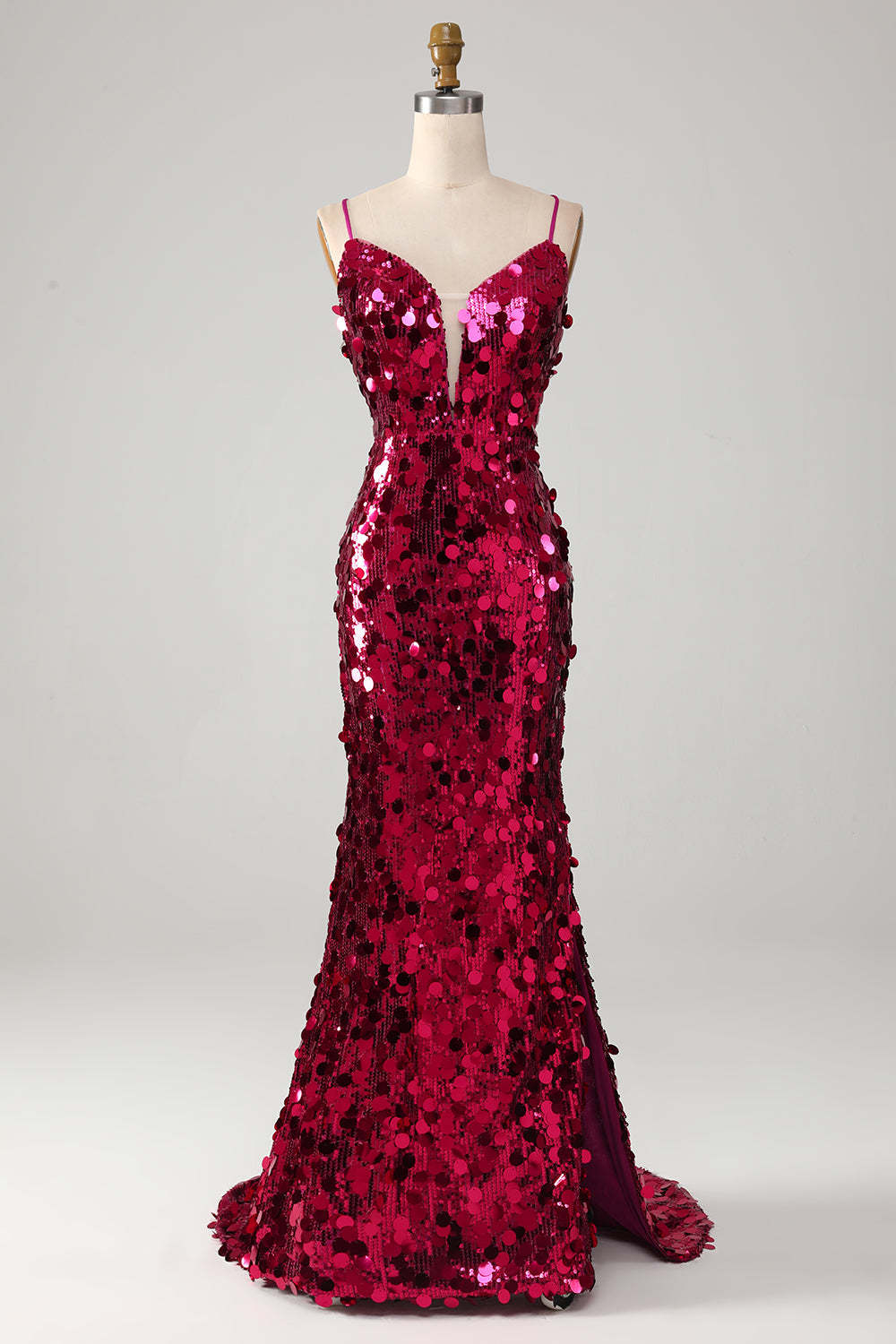 Leely Women Fuchsia Sequins Long Prom Dress Sparkly Mermaid Spaghetti Straps Formal Dress with Slit