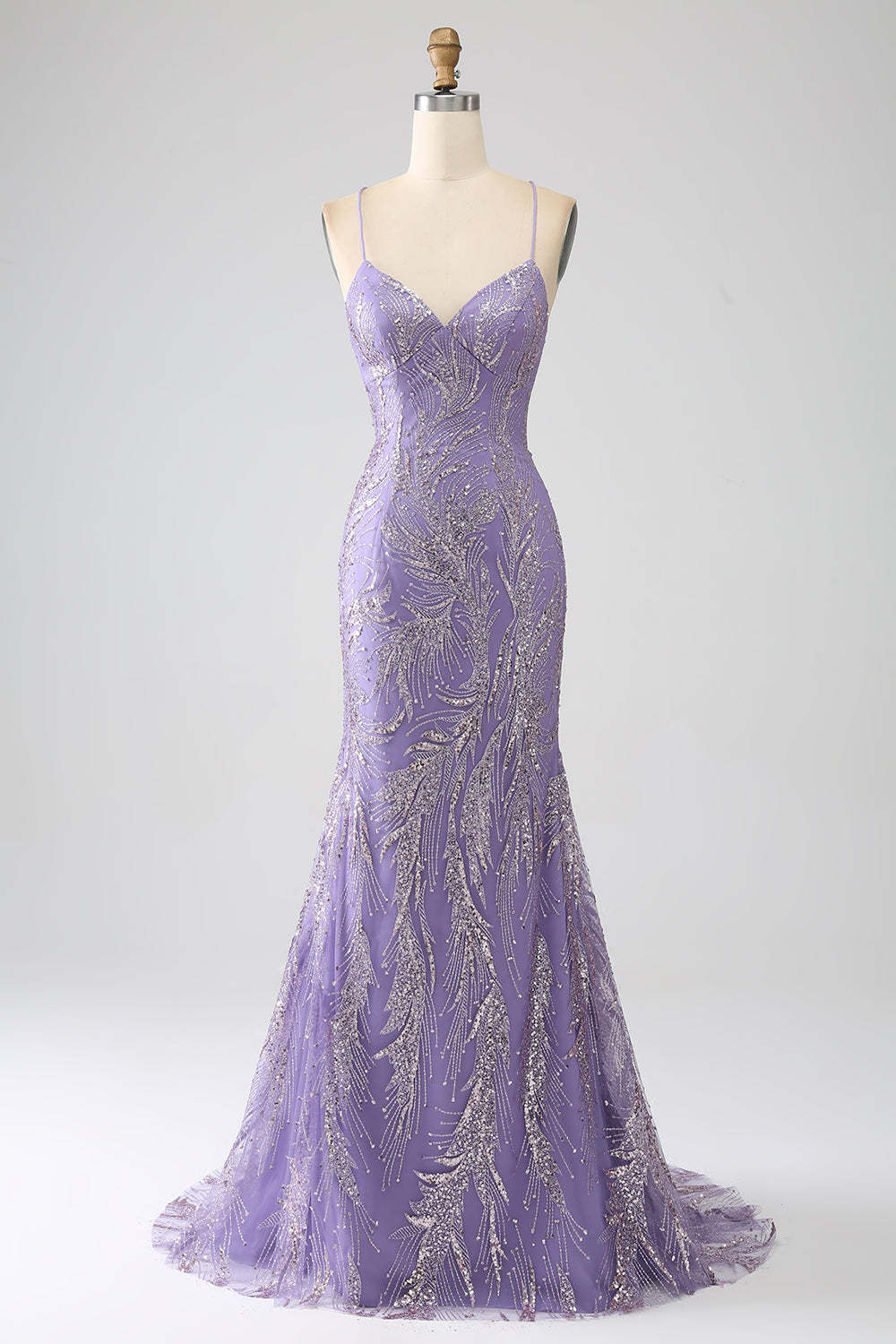 Leely Women Sparkly Lilac Long Prom Dress Mermaid Lace-Up Back Evening Dress