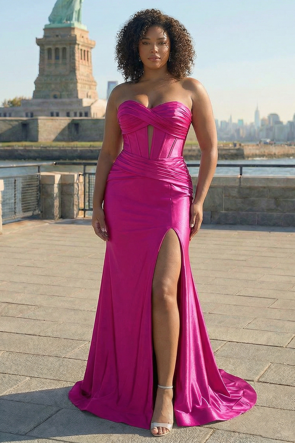 Mermaid Sparkly Corset Fuchsia Prom Dress with Slit