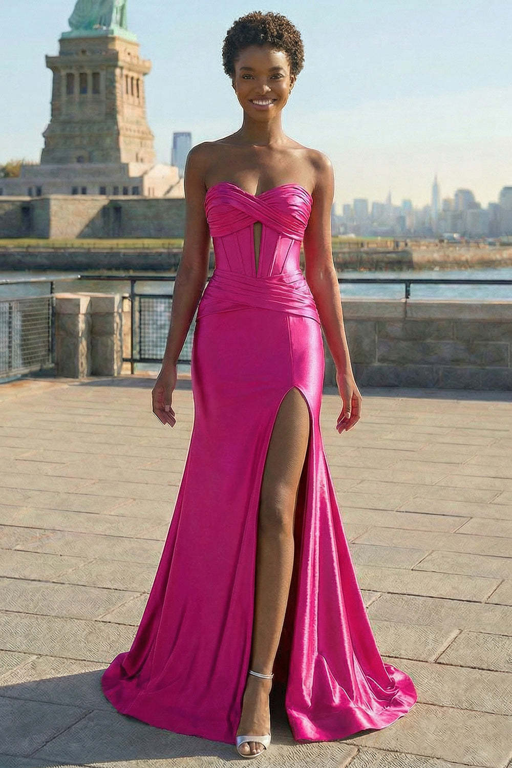 Mermaid Sparkly Plus Size Corset Fuchsia Prom Dress with Slit