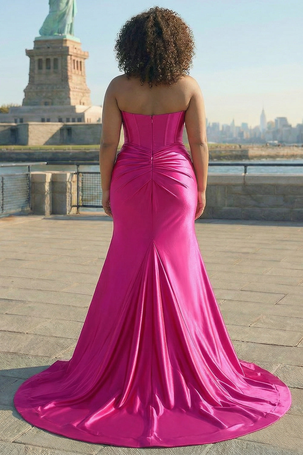 Mermaid Sparkly Plus Size Corset Fuchsia Prom Dress with Slit