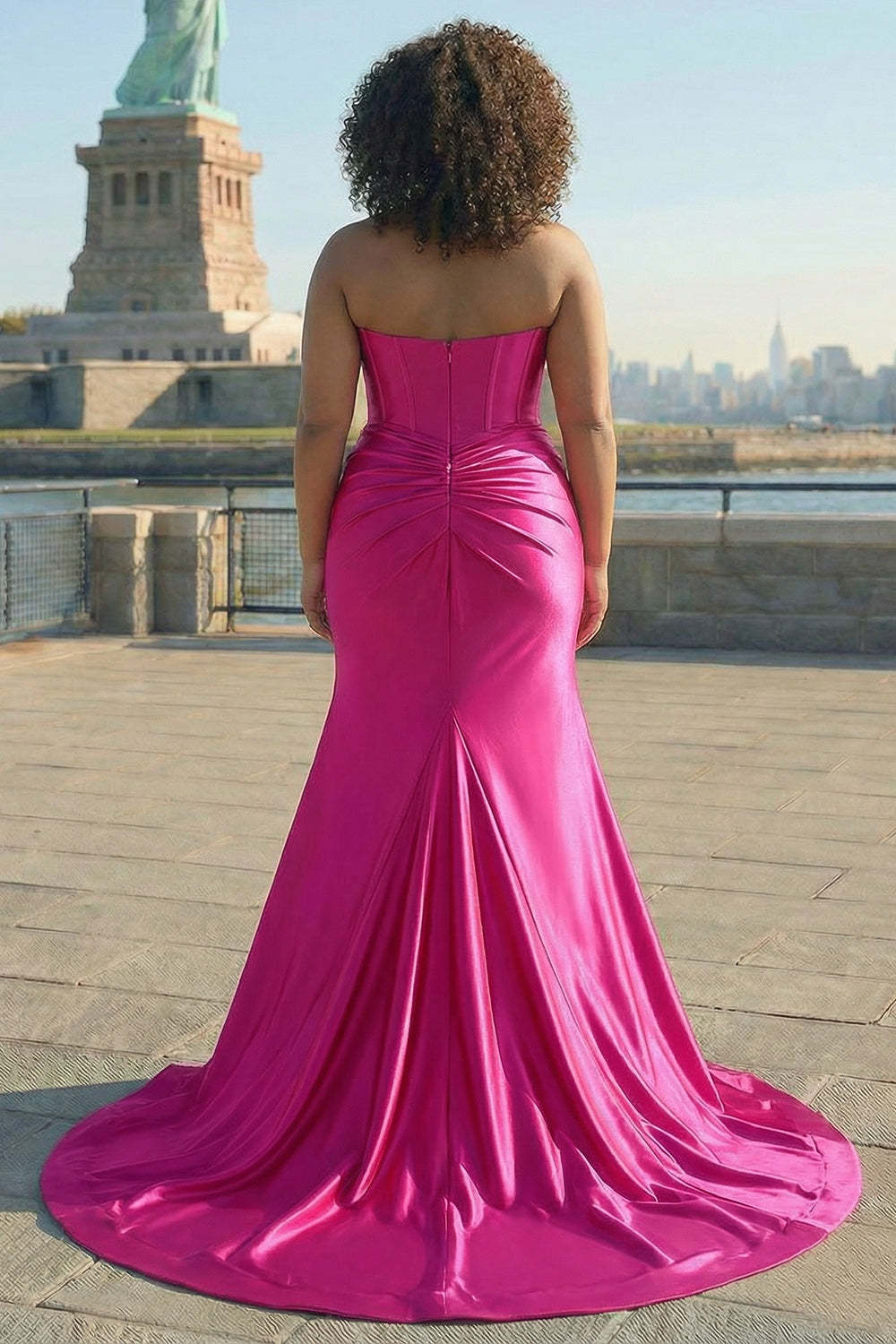Mermaid Sparkly Plus Size Corset Fuchsia Prom Dress with Slit