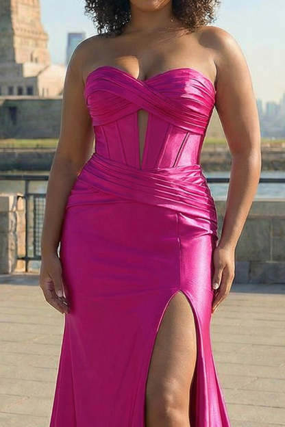 Mermaid Sparkly Plus Size Corset Fuchsia Prom Dress with Slit