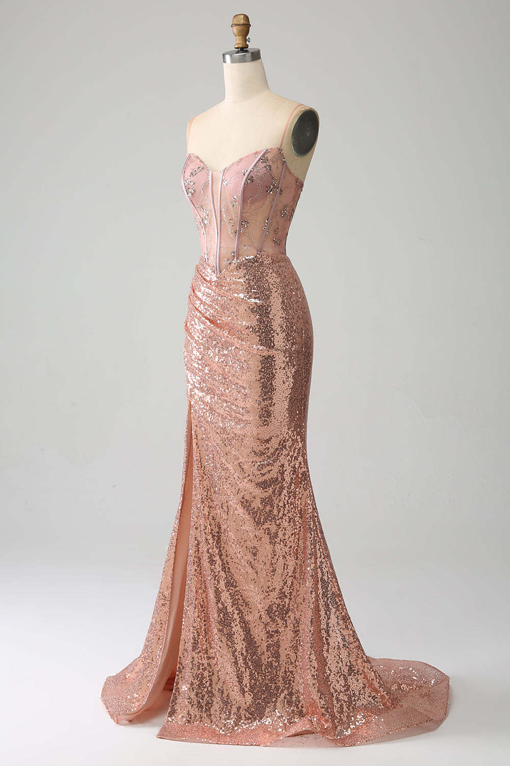 Amelia Couture Rose Gold Sleeveless Sequined Ruched Side Slit Formal Gown top 16