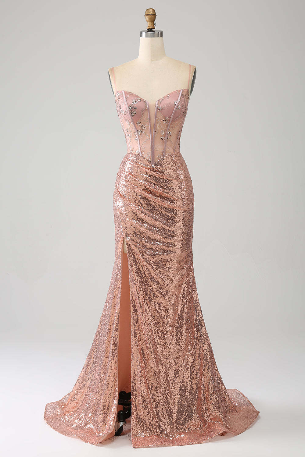 Leely Women Rose Gold Prom Dress Mermaid Beaded Ruched Sequin Corset Evening Gala Dress With Side Slit