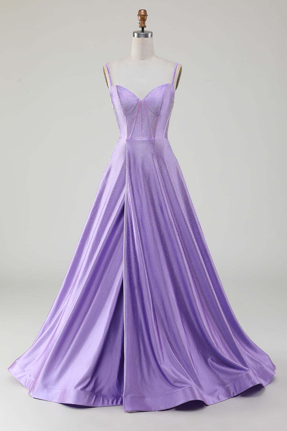 Leely Women Sparkly Lilac Prom Dress With Side Slit A-Line Corset Evening Dresses with Rhinestones