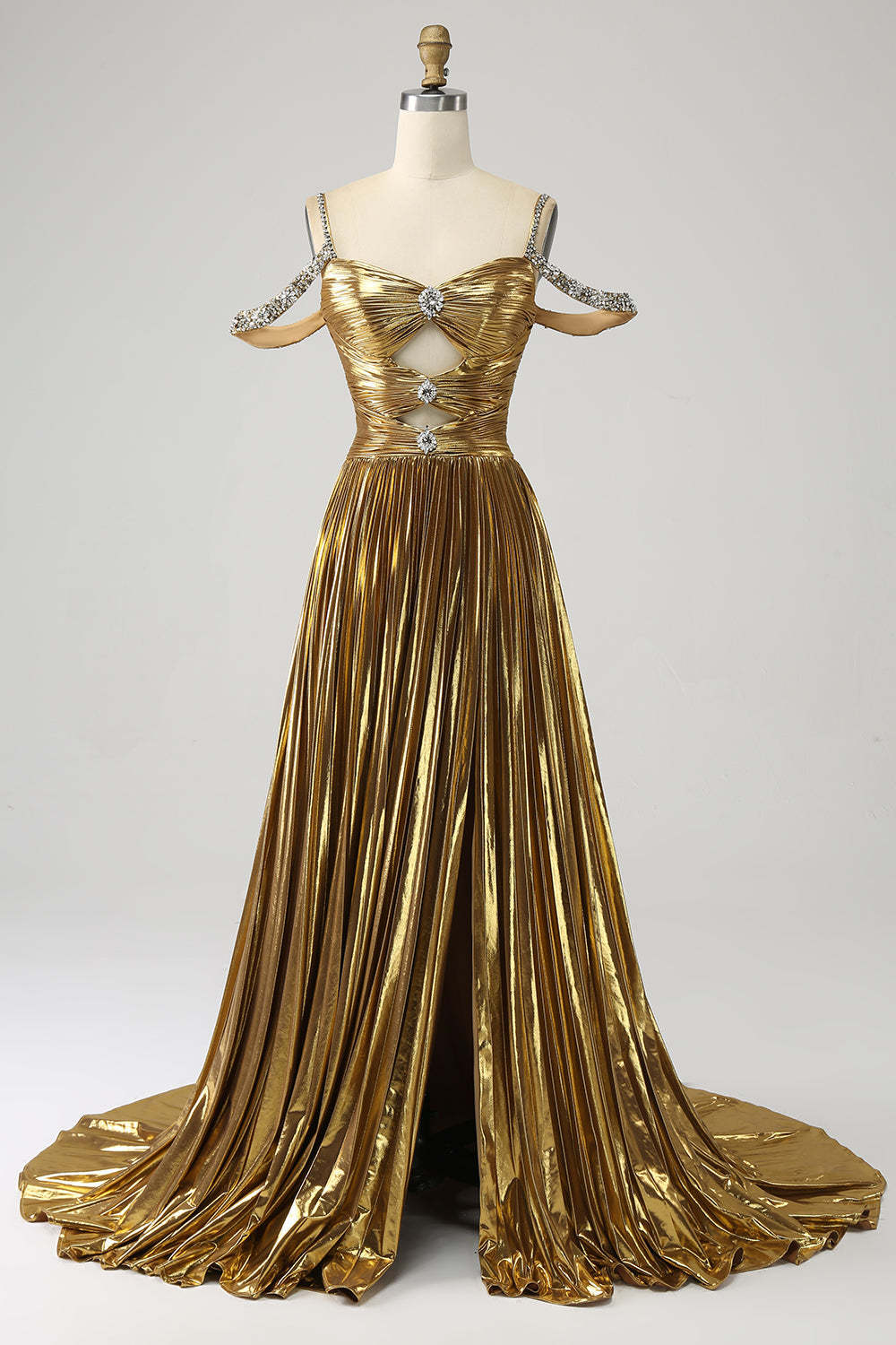 Leely Women Gold Long Prom Dress Stunning A Line Off the Shoulder Formal Dress with Keyhole