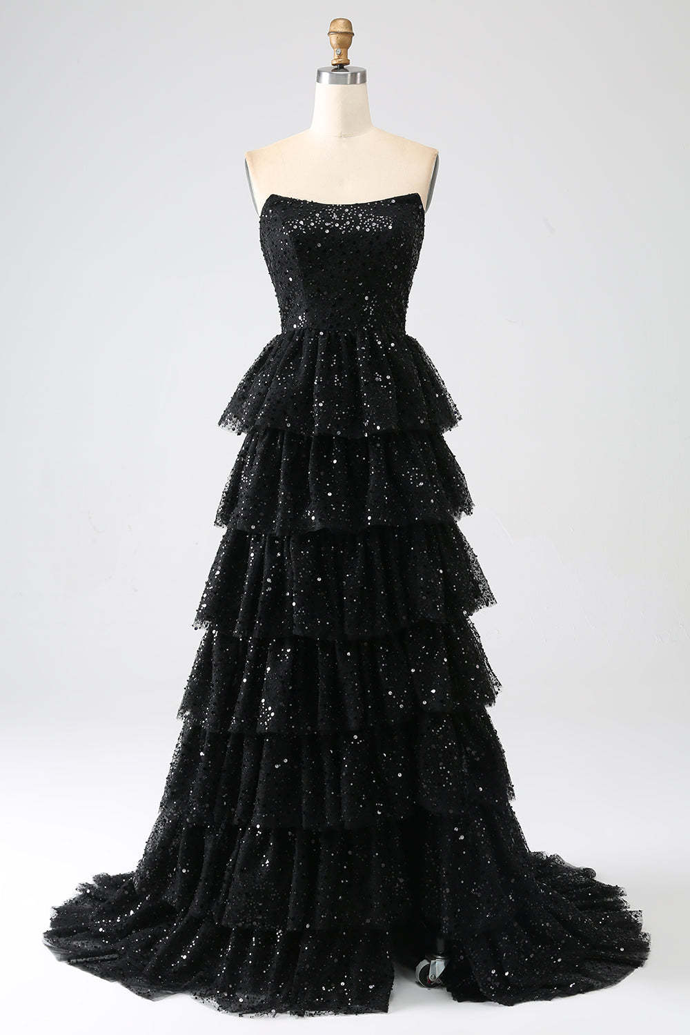 Leely Women Sequins Black Tiered Prom Dress with Slit A-Line Strapless Evening Dress