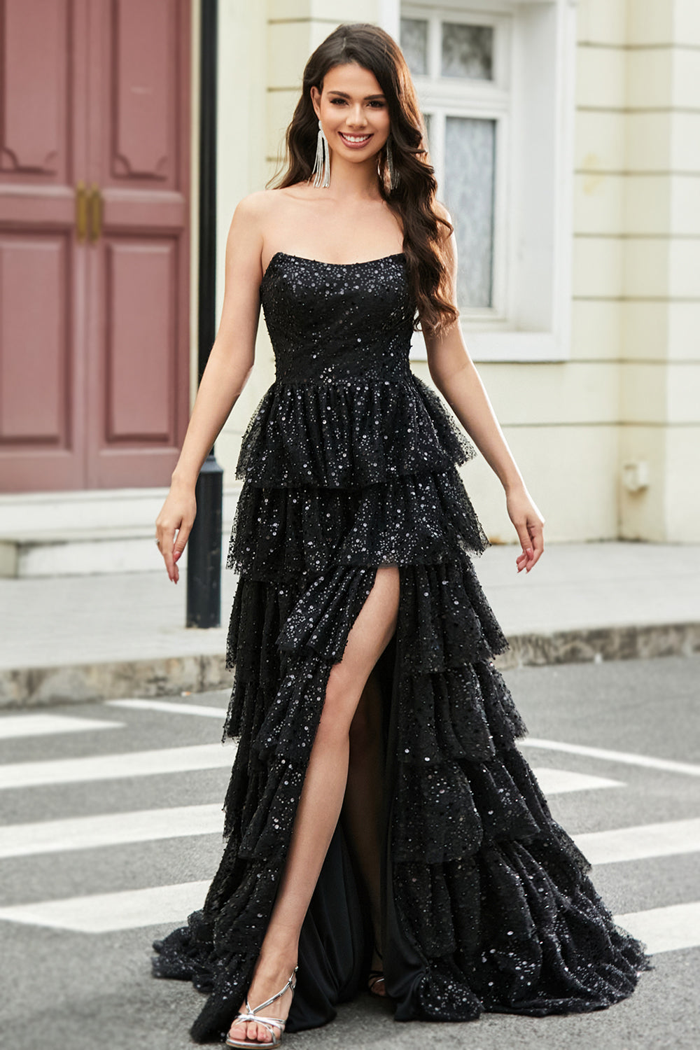 Black high low evening dresses taffeta strapless zipper sequin layered pleating best sale