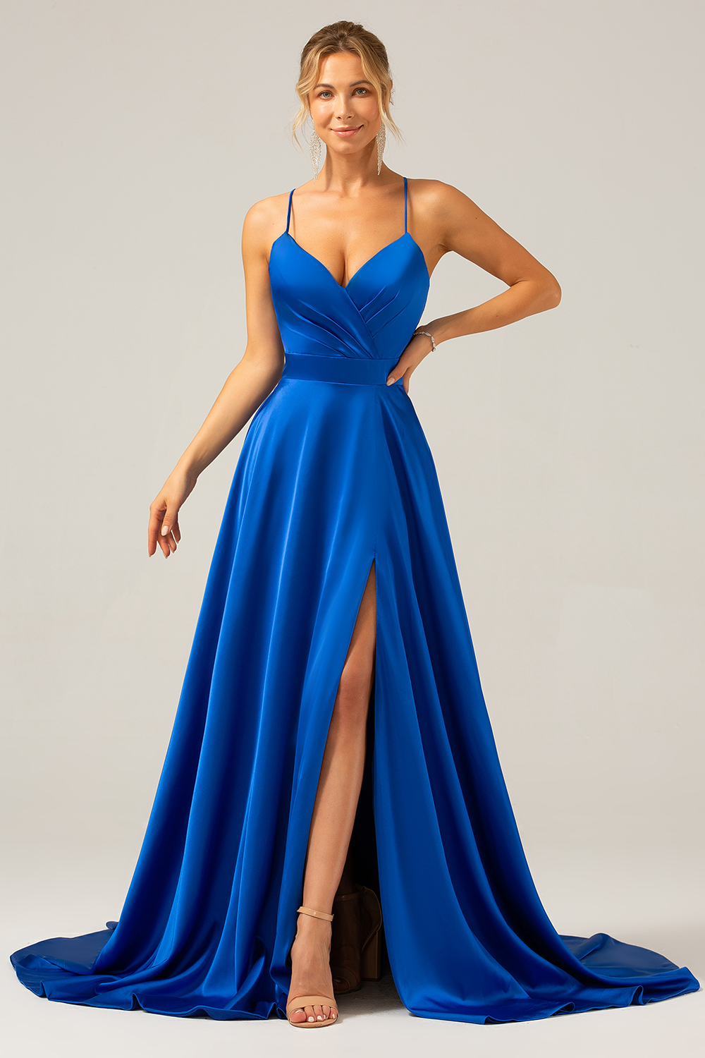 Leely Women Royal Blue Long Prom Dress Satin Spaghetti Straps Party Evening Dress with Slit