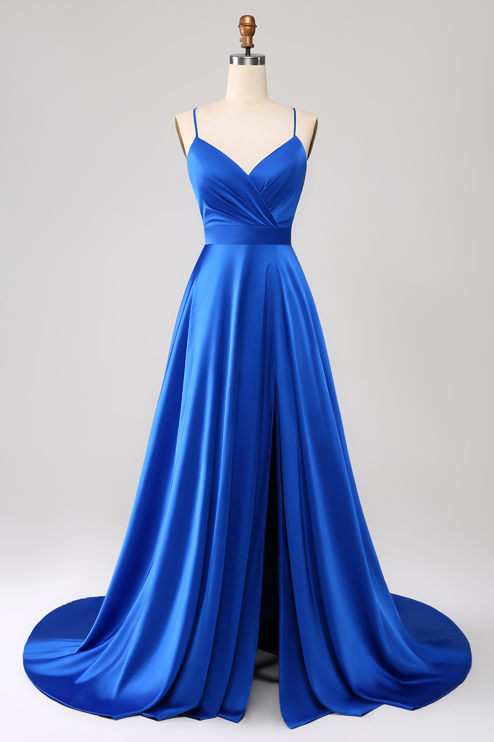 Leely Women Royal Blue A Line Prom Dress Spaghetti Straps Satin Long Party Evening Dress with Slit