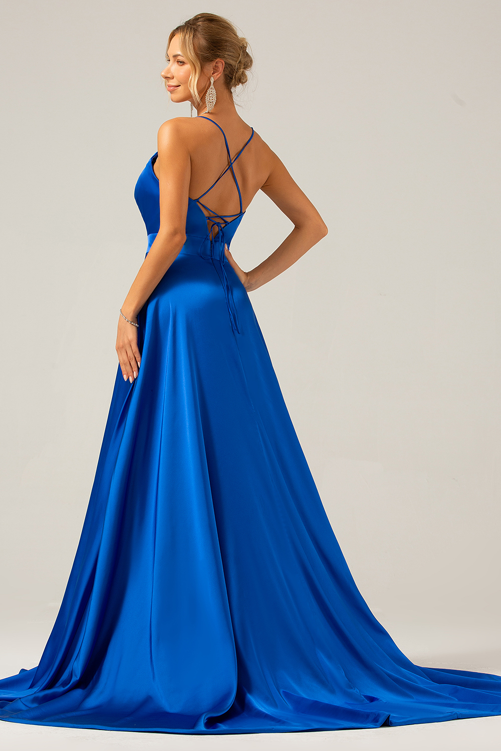 A Line Satin Royal Blue Spaghetti Straps Prom Dress with Slit