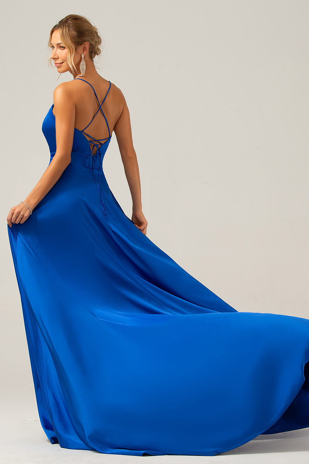 A Line Satin Royal Blue Spaghetti Straps Prom Dress with Slit