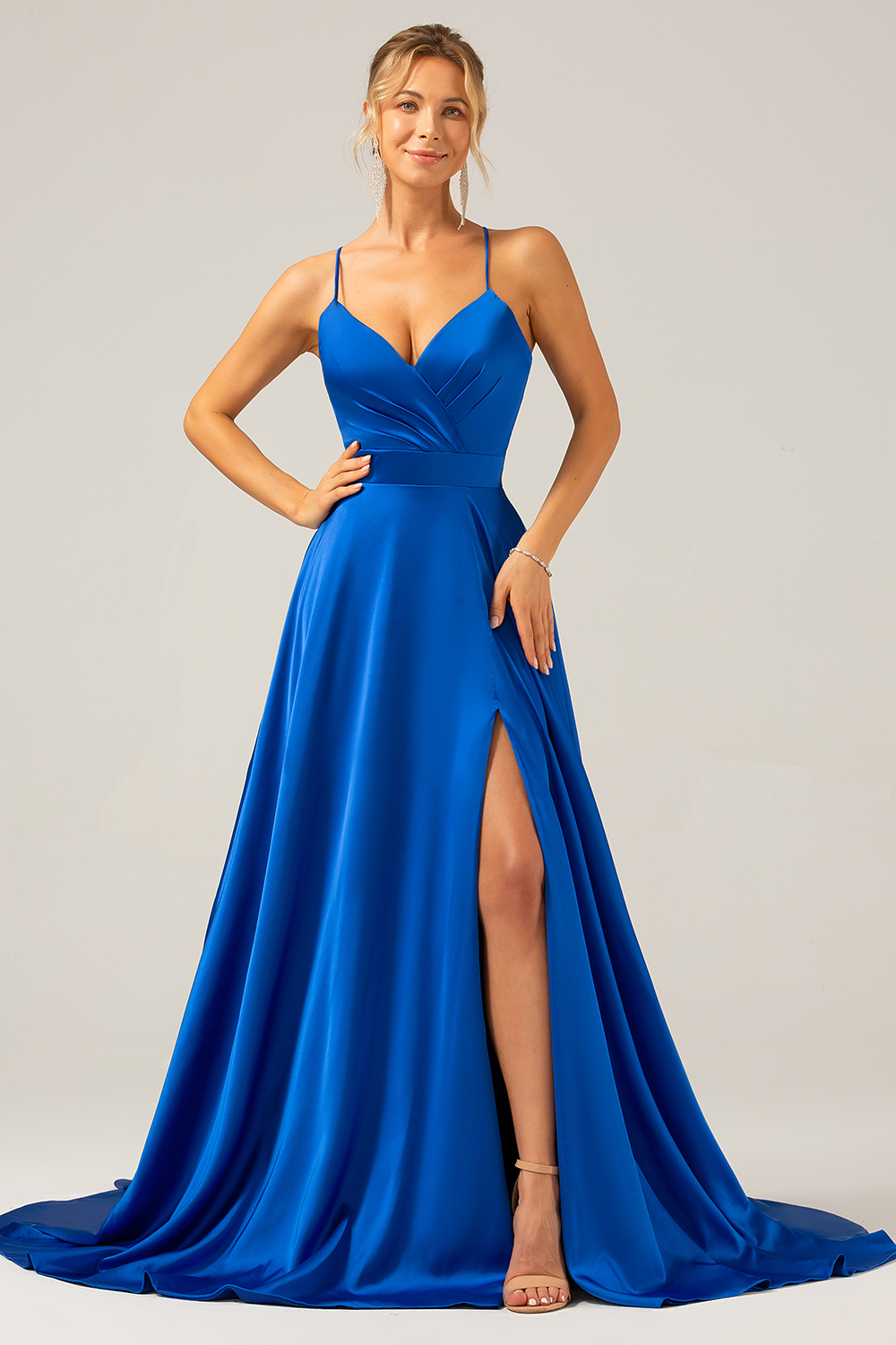 A Line Satin Royal Blue Spaghetti Straps Prom Dress with Slit