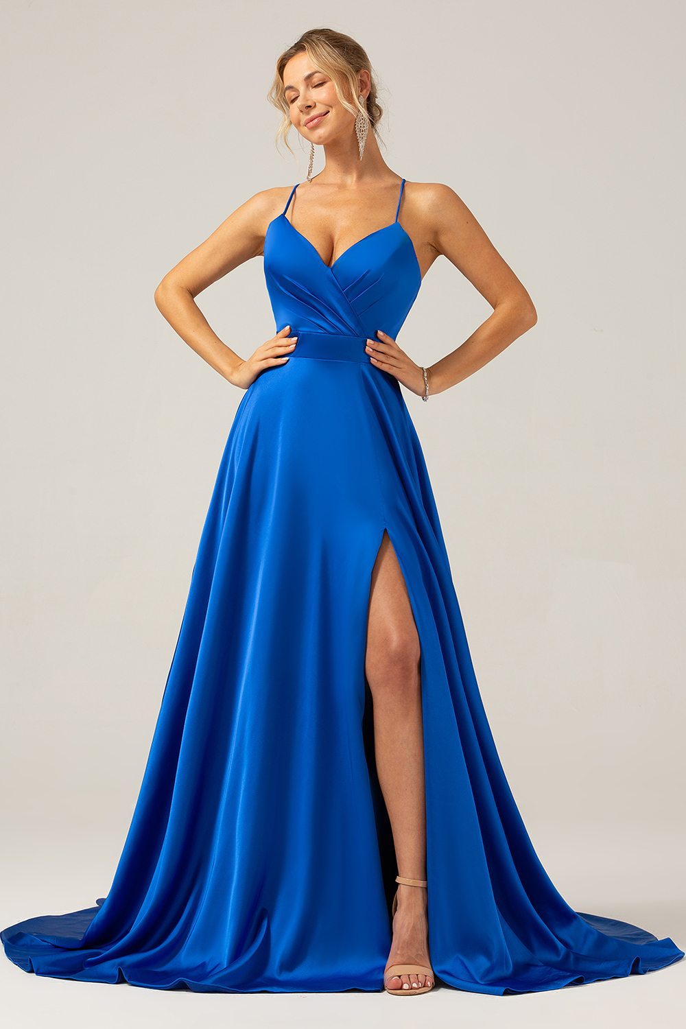A Line Satin Royal Blue Spaghetti Straps Prom Dress with Slit