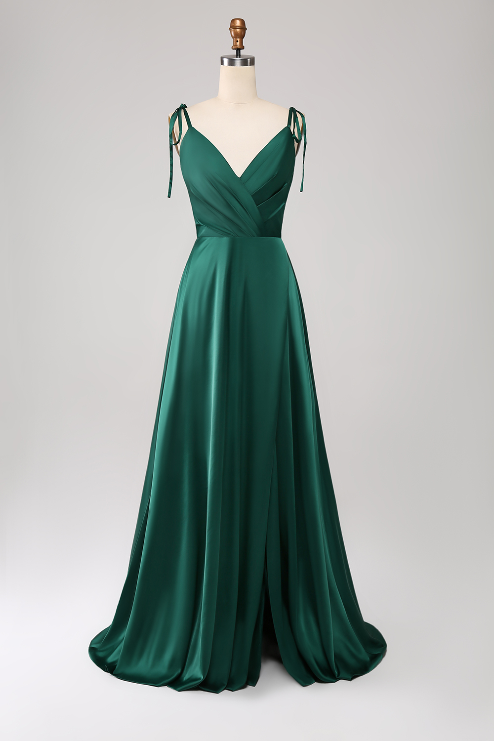 A-Line Dark Green Spaghetti Straps Satin Long Bridesmaid Dress With Slit