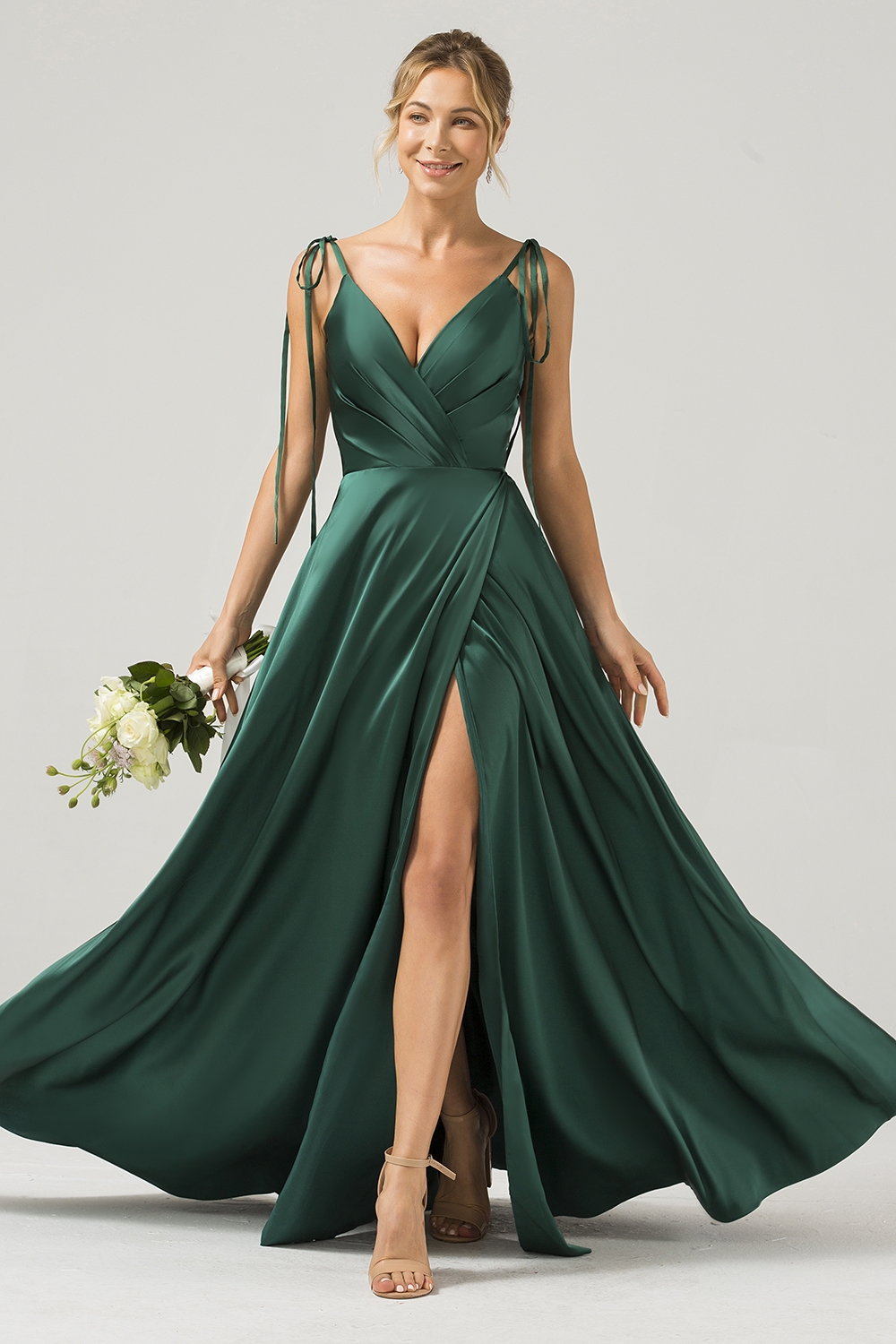 Leely Women A-Line Dark Green Long Bridesmaid Dress Satin V-Neck Wedding Guest Dress with Slit