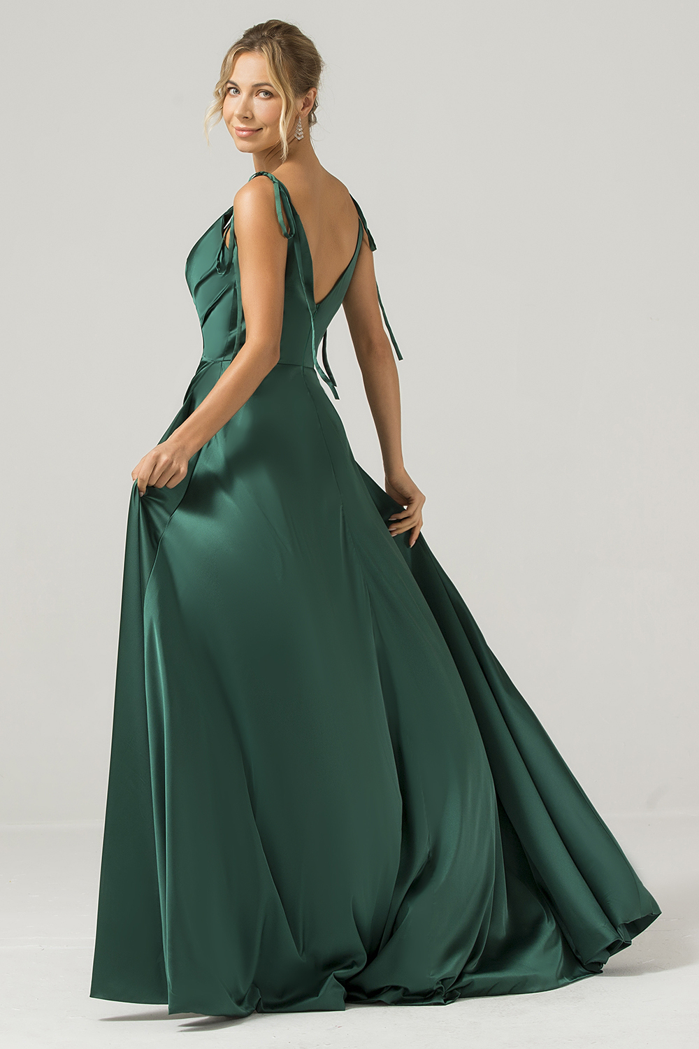 Dark Green A-Line Spaghetti Straps Satin Long Bridesmaid Dress With Slit