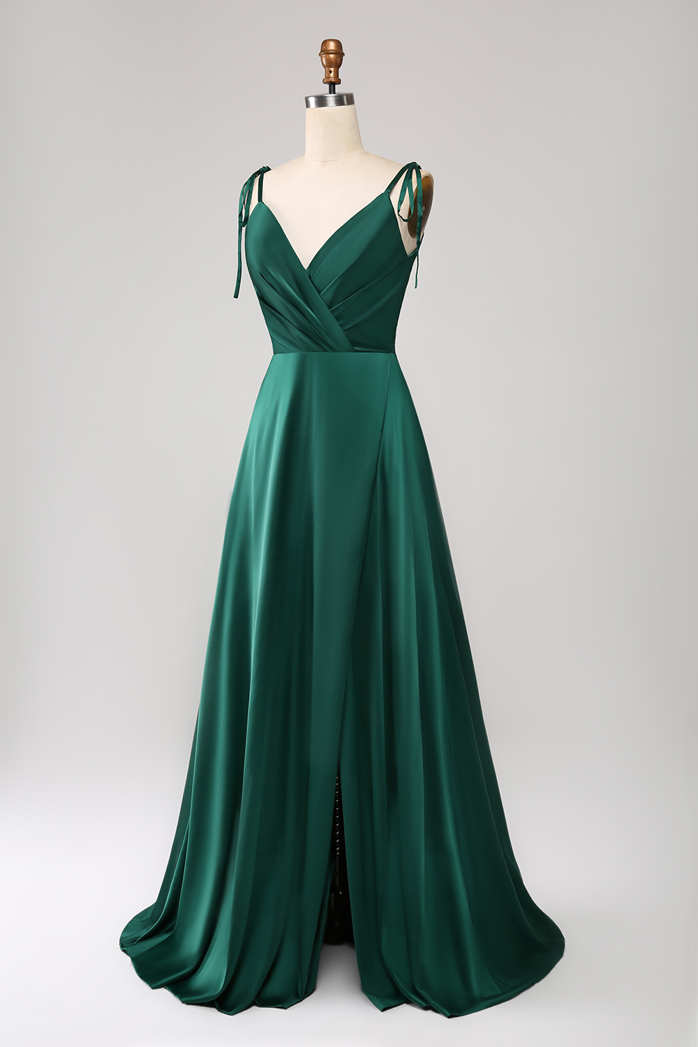 A-Line Dark Green Spaghetti Straps Satin Long Bridesmaid Dress With Slit