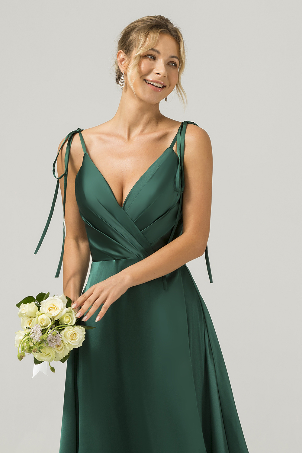 Dark Green A-Line Spaghetti Straps Satin Long Bridesmaid Dress With Slit