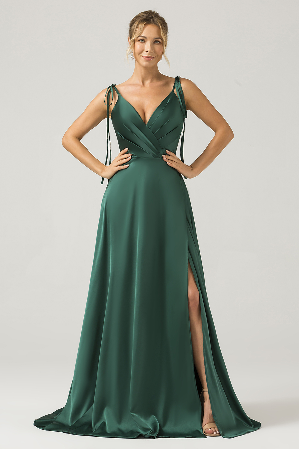 Dark Green A-Line Spaghetti Straps Satin Long Bridesmaid Dress With Slit