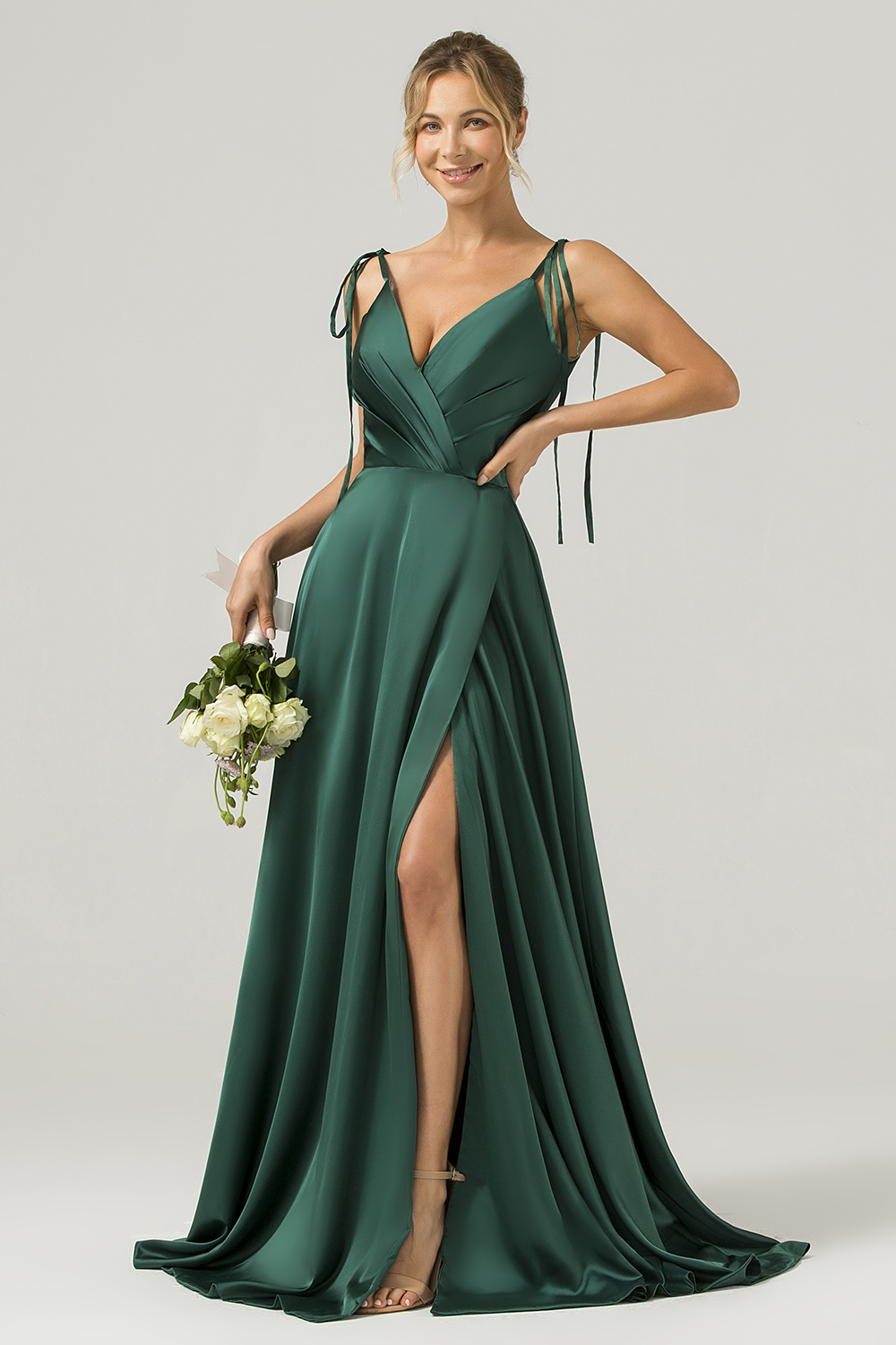 Dark Green A-Line Spaghetti Straps Satin Long Bridesmaid Dress With Slit