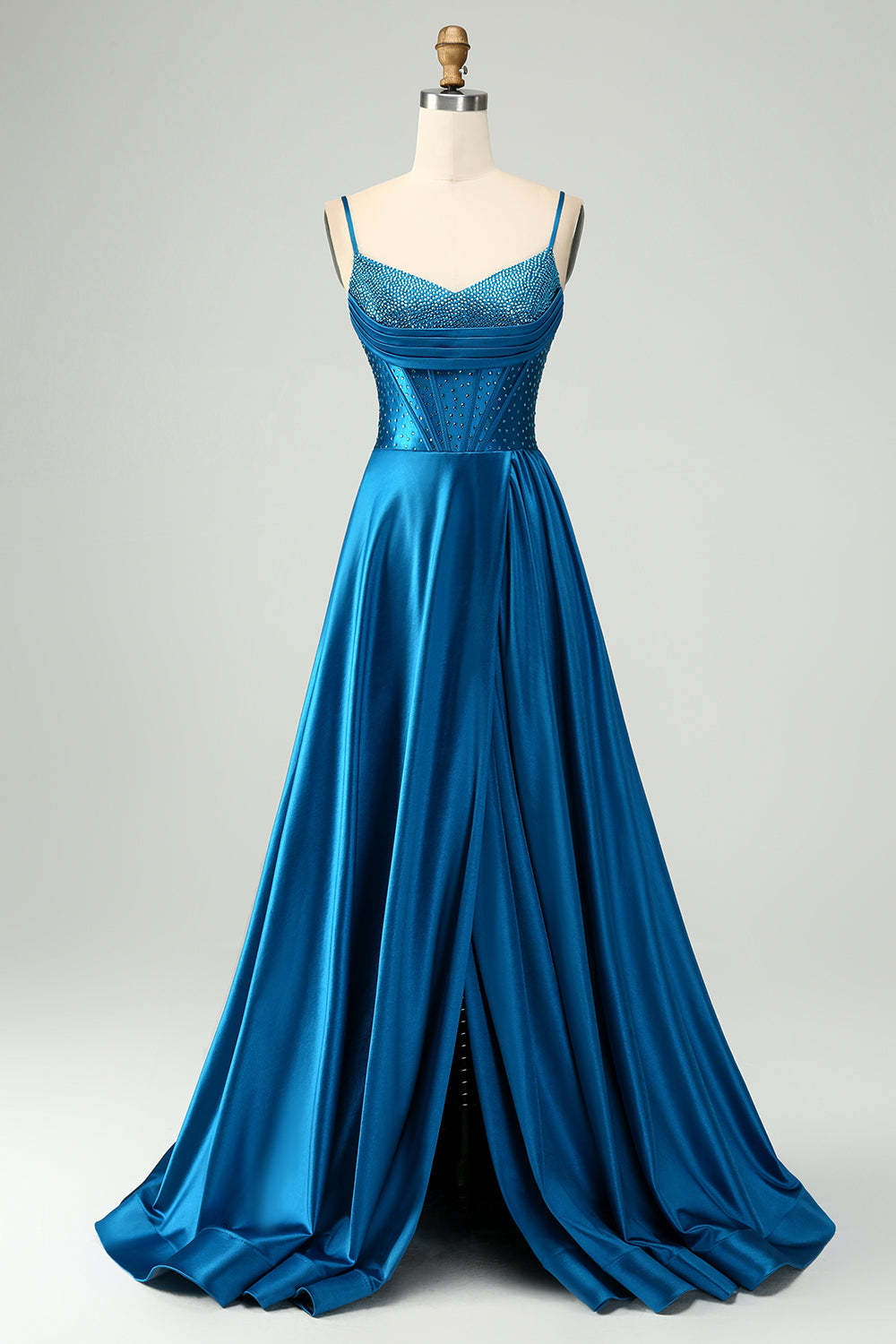 Leely Dark Blue Corset Rhinestone Lace Up A-Line Satin Long Prom Dress with Slit