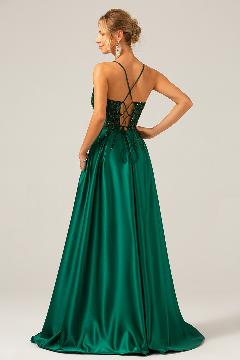 A-Line Sequins Dark Green Spaghetti Straps Long Prom Dress with Lace-up Back