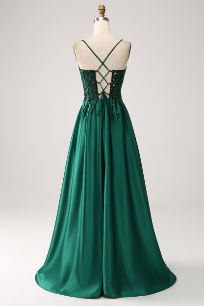 Dark Green Sequin Spaghetti Straps A Line Prom Dress with Lace-up Back