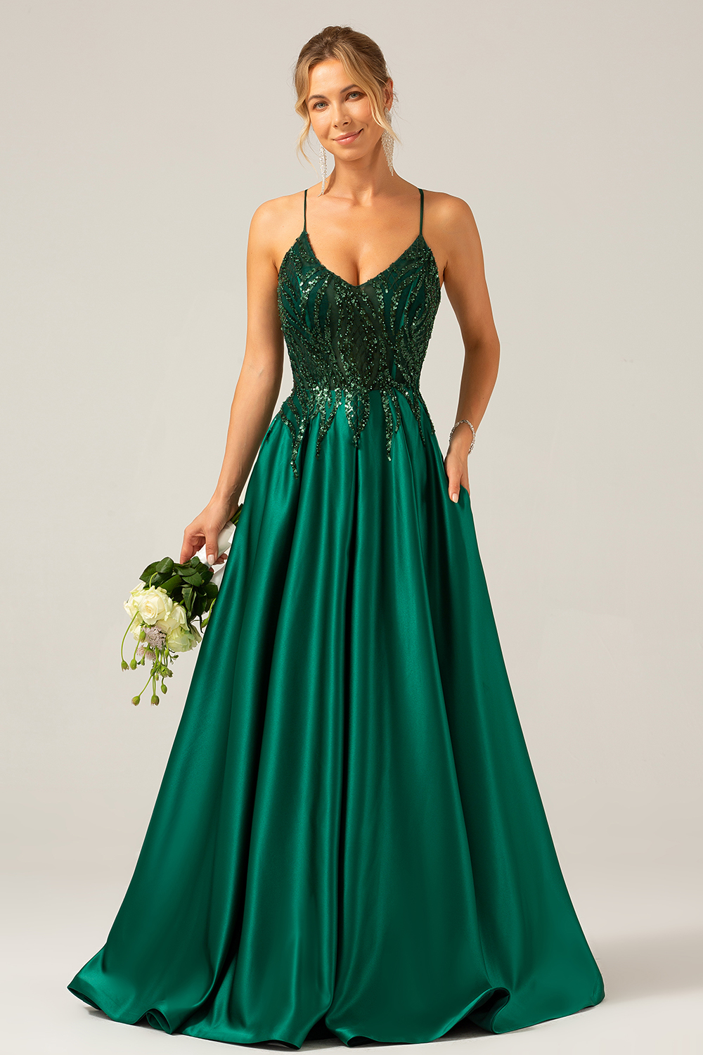 Leely Women Sequins Dark Green Long Prom Dress A-Line Spaghetti Straps Party Dress with Lace-up Back