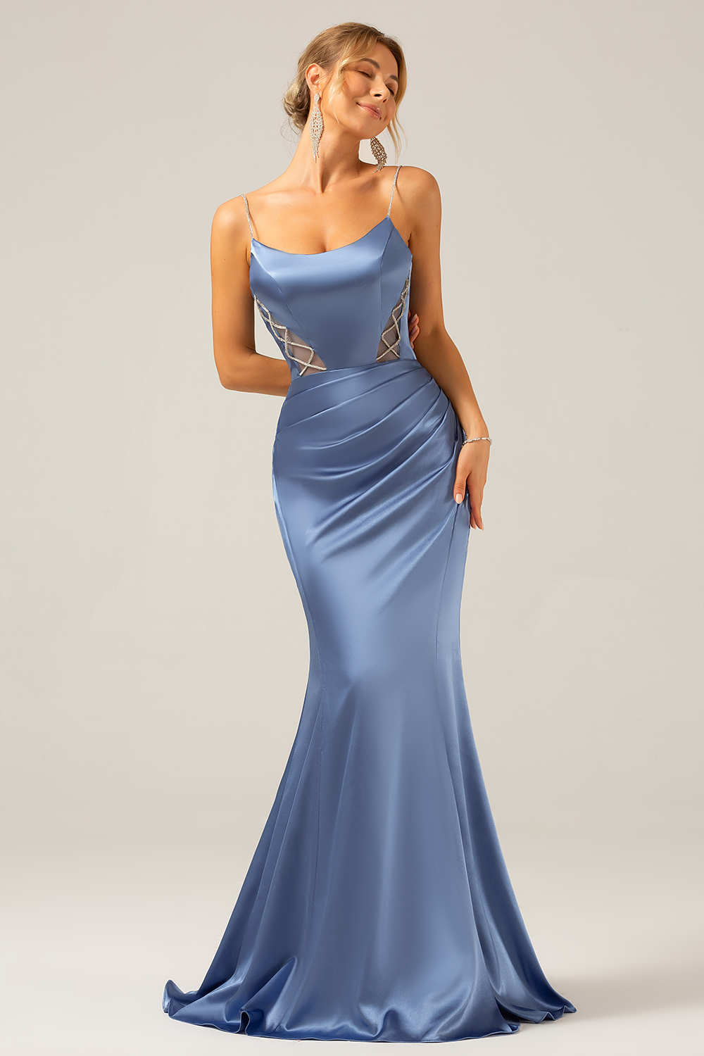 Leely Women Grey Blue Long Bridesmaid Dress Mermaid Satin Spaghetti Straps Wedding Guest Dress