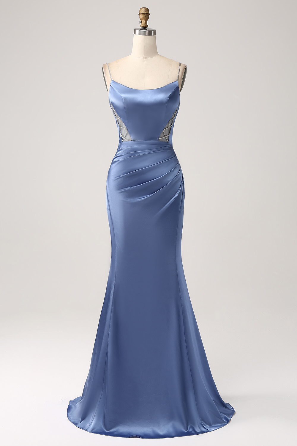 Leely Women Grey Blue Prom Dress Mermaid Spaghetti Straps Satin Long Evening Dress
