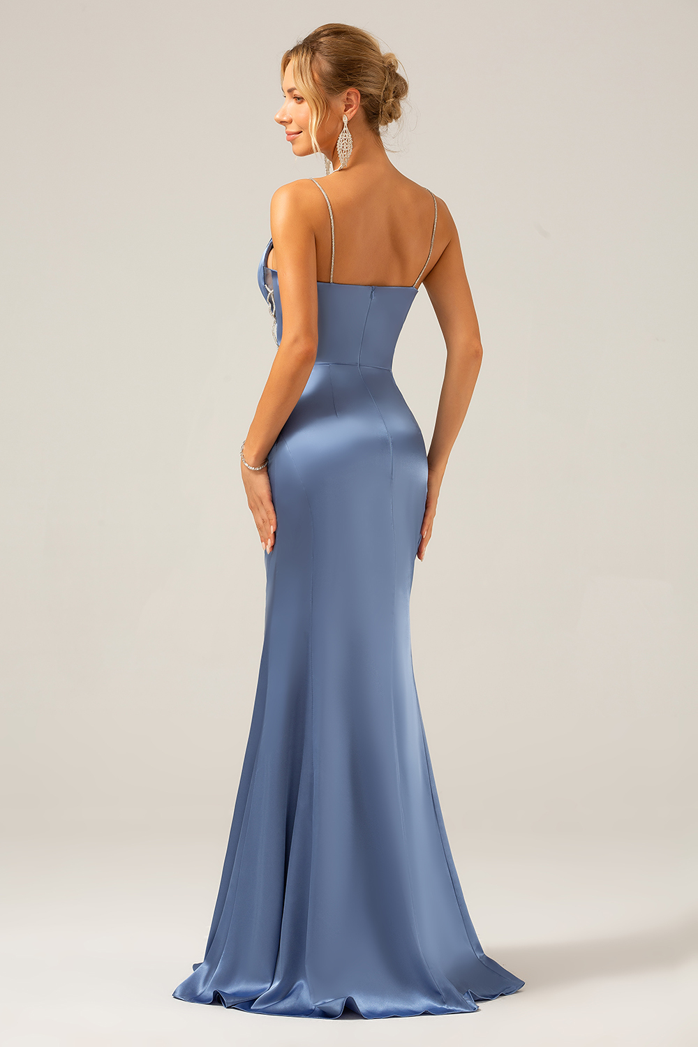 Grey Blue Mermaid Satin Spaghetti Straps Long Bridesmaid Dress