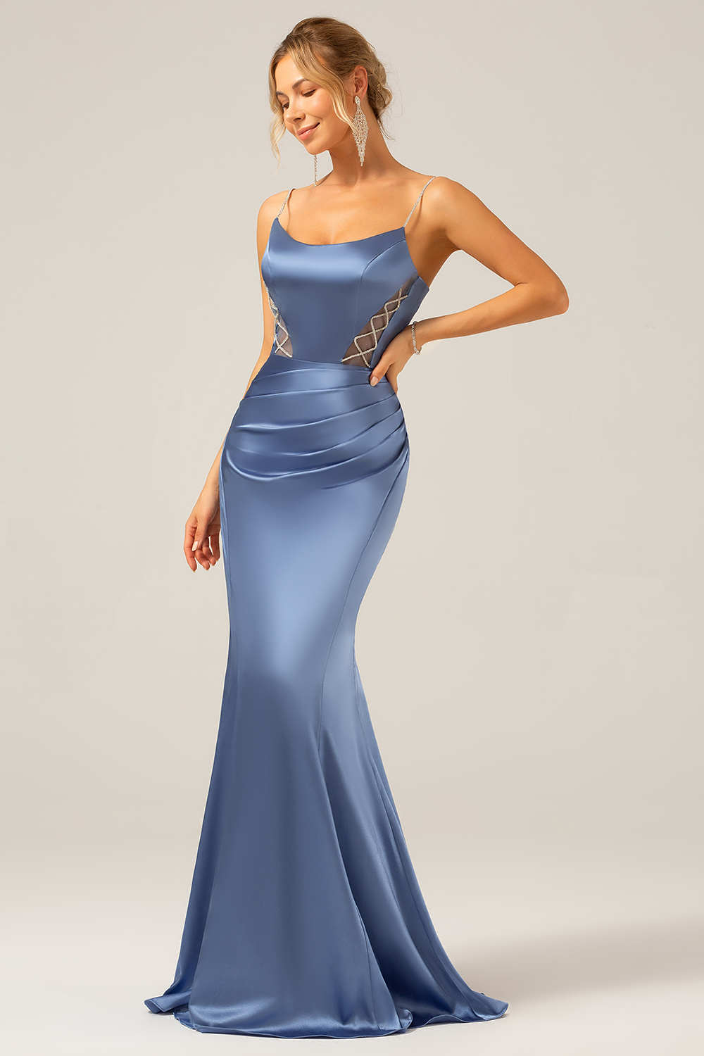 Grey Blue Mermaid Satin Spaghetti Straps Long Bridesmaid Dress