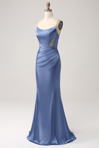 Grey Blue Mermaid Spaghetti Straps Satin Long Prom Dress