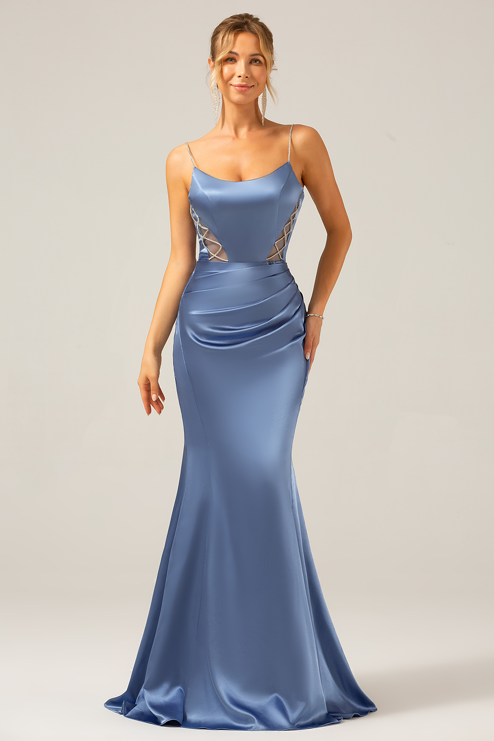 Grey Blue Mermaid Satin Spaghetti Straps Long Bridesmaid Dress