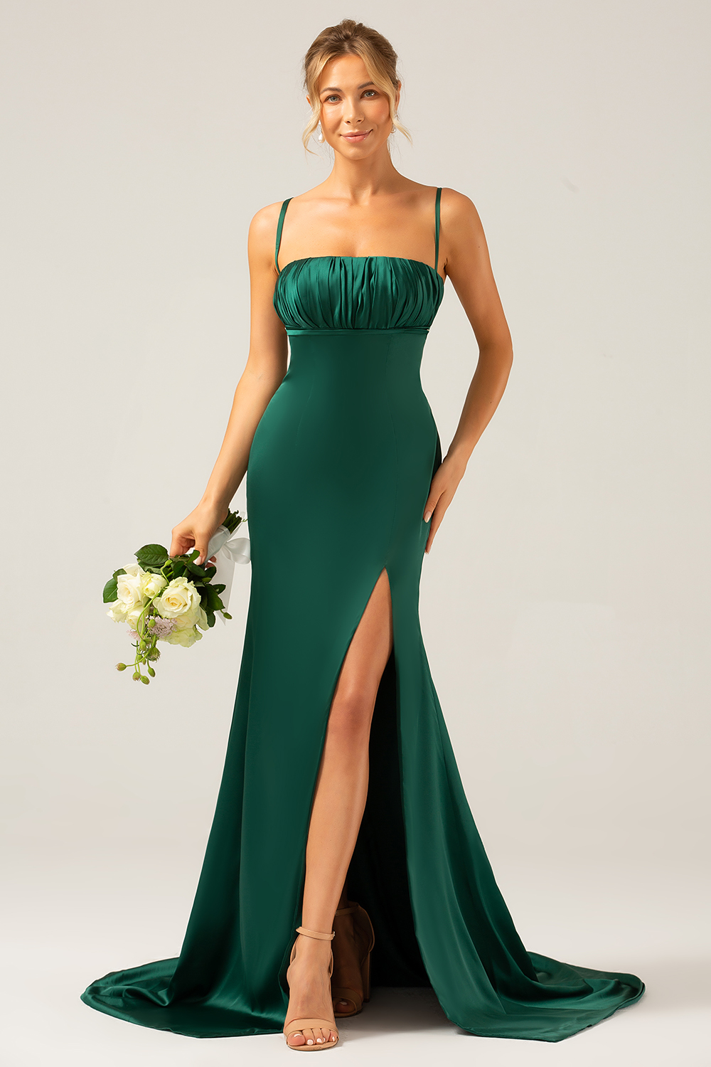 Leely Women Dark Green Long Bridesmaid Dress Sheath Spaghetti Straps Wedding Guest Dress With Slit