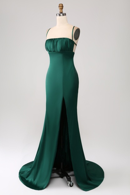 Dark Green Sheath Spaghetti Straps Long Prom Dress With Slit
